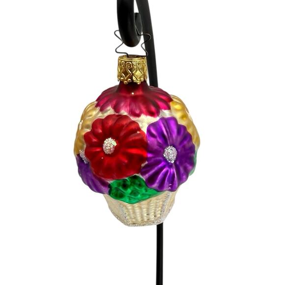 OWC Blown Glass Christmas Ornament Basket of Flowers Made in Germany VTG EUC - Picture 2 of 5